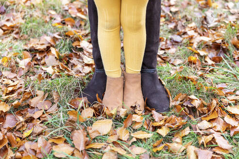 Woman and girl standing together on fallen leaf in forest - WPEF04127