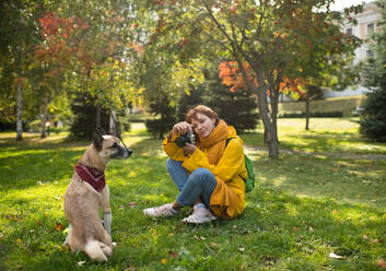 Freudige Frau, die ihren Hund im Park fotografiert - CAVF93344
