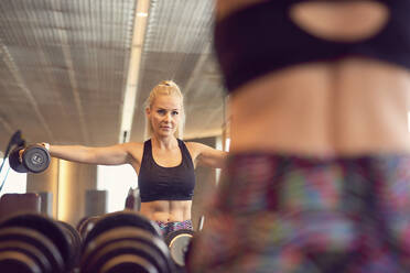 Muscular sportswoman exercising with dumbbells - CAVF93399