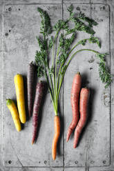 Carrots lying on gray wooden surface - ASF06717