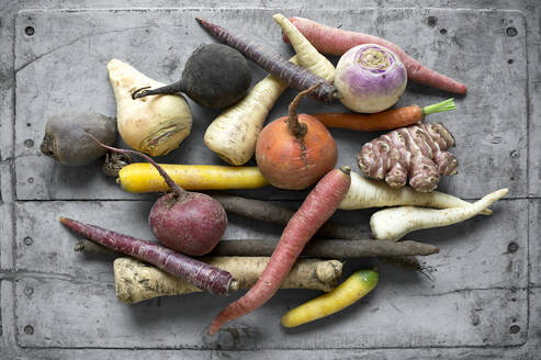 Raw vegetables lying on gray wooden surface - ASF06721