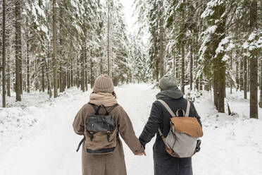 Paar mit Rucksack, das sich im Wald an den Händen hält - VPIF03523