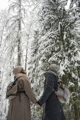 Couple looking at snowy trees while standing in forest - VPIF03546