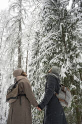 Paar schaut auf verschneite Bäume im Wald - VPIF03546