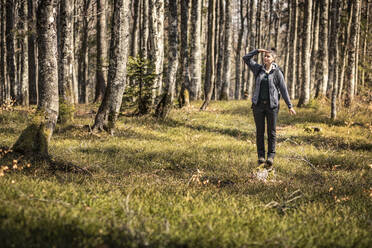 Woman looking away while standing on rock in forest - MSUF00518