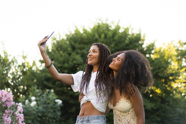 Fashionable female friends taking selfie by tree during summer - AKLF00071