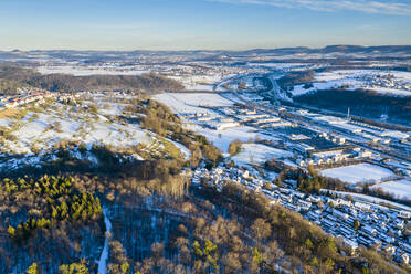 Germany, Baden Wurttemberg, Aerial view of Swabian Forest in winter - STSF02838