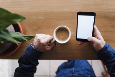 Männlicher Freiberufler, der ein Mobiltelefon benutzt und eine Kaffeetasse am Schreibtisch hält - EBBF02484