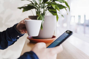 Geschäftsmann hält Kaffeetasse und benutzt Smartphone im Büro - EBBF02485