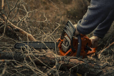 Teenage boy cutting tree trunk with chainsaw in forest - ACPF01159