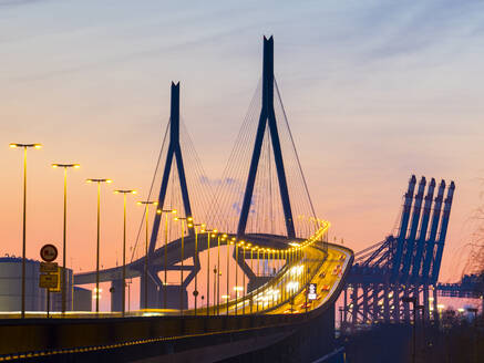 Germany, Hamburg, Kohlbrand Bridge at dusk - RJF00870