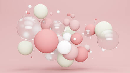 Three dimensional render of pastel colored bubbles floating against pink background - JPSF00035