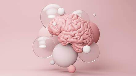 Three dimensional render of human brain floating amid various bubbles - JPSF00036