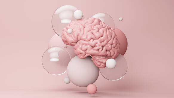 Dreidimensionales Rendering eines menschlichen Gehirns, das inmitten verschiedener Blasen schwebt - JPSF00036