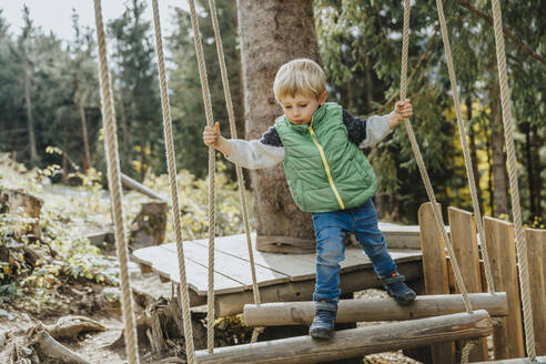 Junge beim Balancieren im Hochseilgarten im Wald im Salzburger Land, Österreich - MFF07332