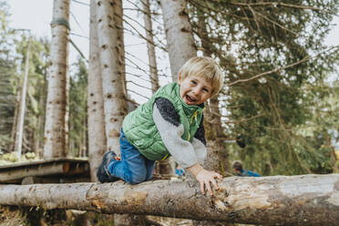 Verspielter Junge krabbelt auf einem Baumstamm im Wald im Salzburger Land, Österreich - MFF07334
