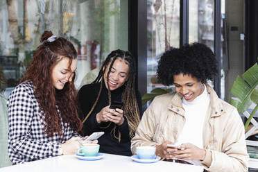 Freunde benutzen ihr Handy, während sie in einem Straßencafé sitzen - PNAF00711