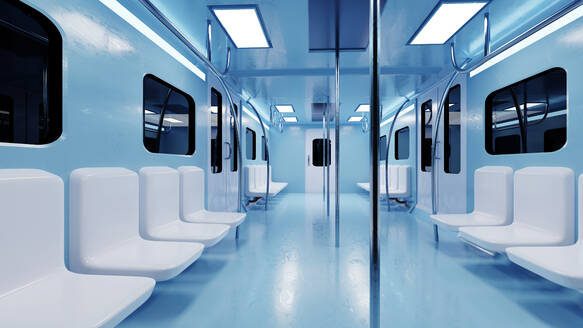 Three dimensional render of interior of white and blue subway train - SPCF01214