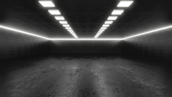Dreidimensionales Rendering eines dunklen, leeren Lagerhauses - SPCF01216