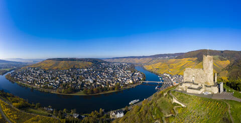 Germany, Rhineland-Palatinate, Bernkastel-Kues, Helicopter view of clear blue sky over Landshut Castle, Moselle and surrounding town in summer stock photo