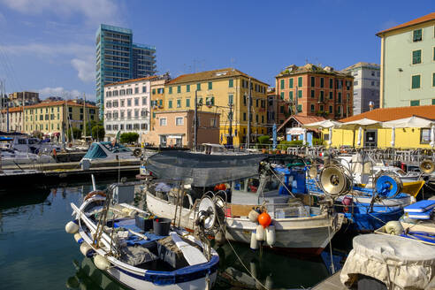 Italy, Liguria, Savona, Boats moored in Riviera di Ponente - LBF03379