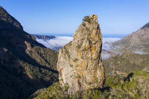 Drone view of Espigon de Ibosa rock formation in Garajonay National Park - SIEF10116