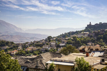 View of town against sky in Gjirokaster, Albania - MAMF01633