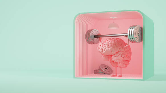 Three dimensional render of human brain lifting weights - JPSF00053