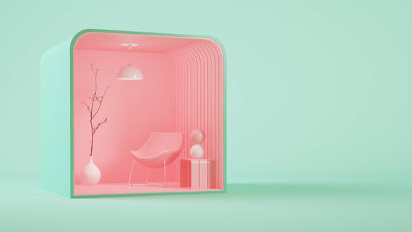 Three dimensional render of pink colored living room cubicle - JPSF00054