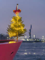 Deutschland, Hamburg, Landungsbrucken, Weihnachtsbaum auf Fähre - KEBF01791