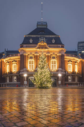 Deutschland, Hamburg, Laeiszhalle mit beleuchtetem Weihnachtsbaum bei Nacht, lizenzfreies Stockfoto