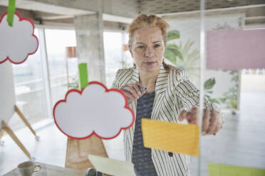 Businesswoman sticking adhesive notes on glass wall at office - FMKF07017