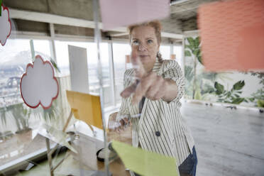 Businesswoman sticking adhesive notes on glass wall at office - FMKF07019