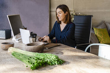 Reife Frau arbeitet am Laptop und sitzt am Konferenztisch im Büro - DLTSF01617