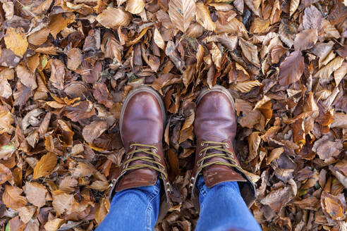 Woman with boots standing in autumn leaves in forest - WPEF04189