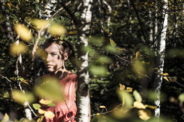 Junge Frau durch Birken im Wald an einem sonnigen Tag gesehen - WFF00465