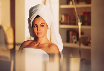 Relaxed woman with towel on her head at home - LJF02065