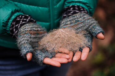 Frau hält sich an einem toten Blatt fest und trägt Handschuhe im Winter - CAVF93483