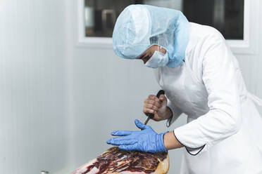 Female employee slicing ham in factory - JAQF00323