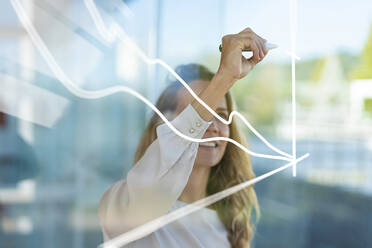 Businesswoman drawing graph on glass while standing at modern office - SBOF02946