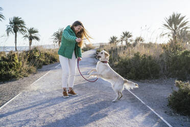 Frau gibt Hund Gehorsamstraining auf der Straße gegen den Himmel am Wochenende - MPPF01539