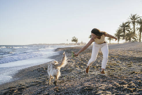 Woman playing with dog on sand by sea against sky during weekend - MPPF01545