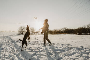 Teenager-Mädchen spielt mit Hund im Schnee bei Wintersonnenaufgang - OJF00429