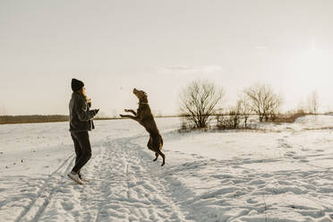 Teenager-Mädchen spielt mit Hund im Schnee bei Wintersonnenaufgang - OJF00430