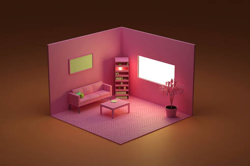 Three dimensional render of corner of pink colored living room - SPCF01228