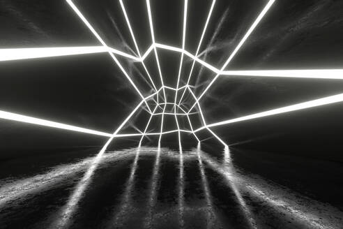 Dreidimensionales Rendering eines leeren futuristischen Innenraums, beleuchtet von leuchtenden Linien - SPCF01234