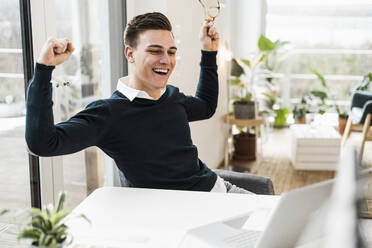 Cheerful male professional with laptop sitting at table in home office - UUF22865