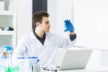 Männlicher Wissenschaftler, der eine Flüssigkeit im Reagenzglas betrachtet, während er im Labor an einem Laptop arbeitet - GIOF11534
