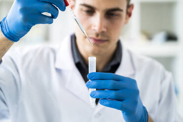 Männlicher Wissenschaftler mischt eine Chemikalie mit einer Pipette in einem Reagenzglas im Labor - GIOF11566
