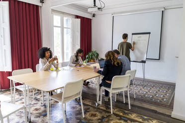 Männliche und weibliche Unternehmer diskutieren an einem Konferenztisch im Büro - AFVF08351